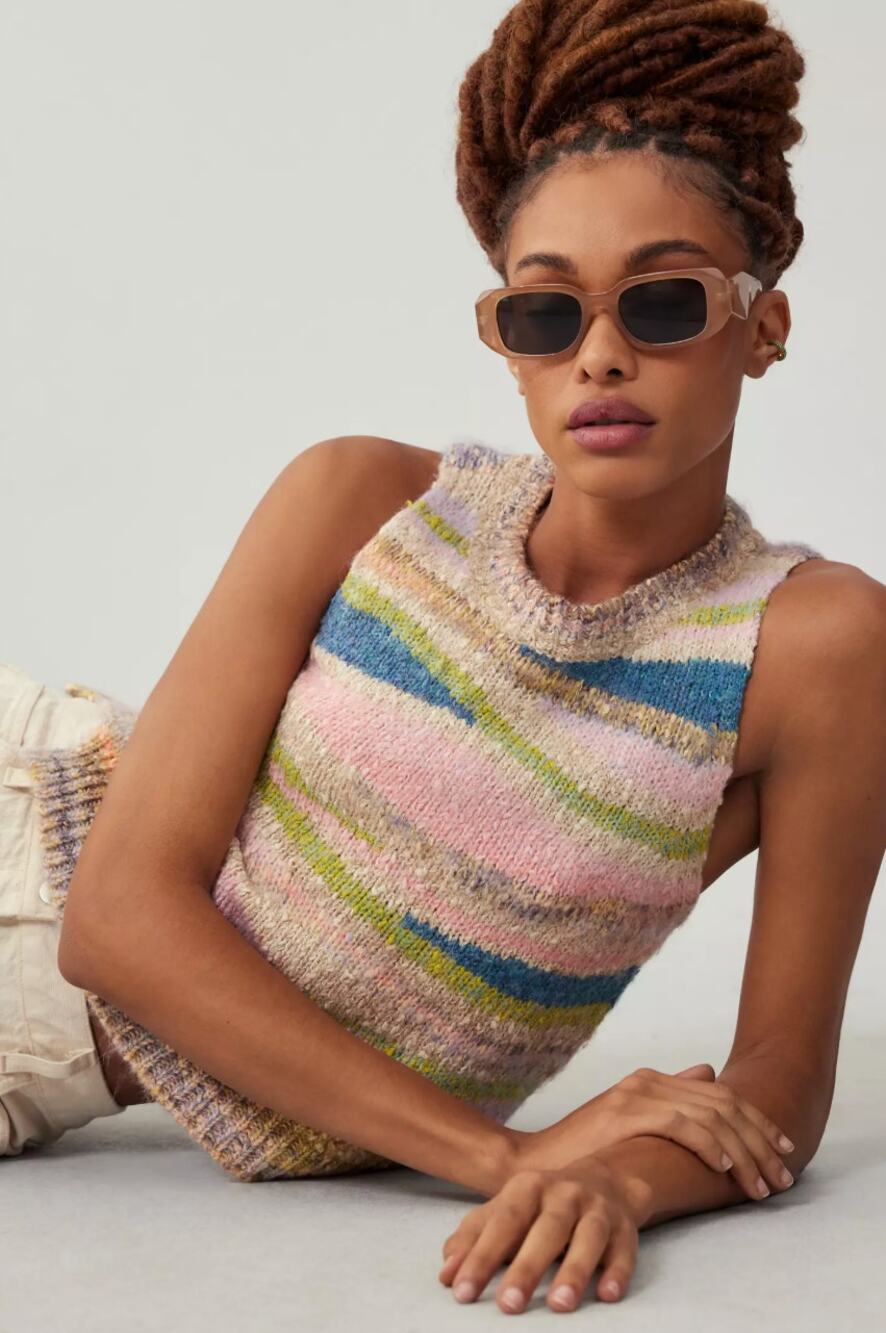 ANTHROPOLOGIE x PILCRO Sweater Tan Pink Waves Sz M $98 {X32}